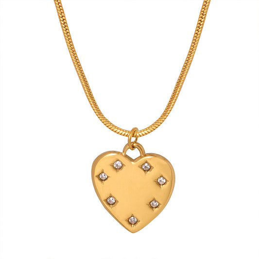 Luxury Heart-Shaped Zircon Pendant Necklace in Titanium Steel with Gold-Plated Snake Bone Chain