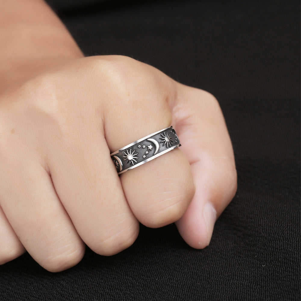 Personalized Retro Hip-Hop Stainless Steel Ring for Men with Star, Sun, and Moon Design