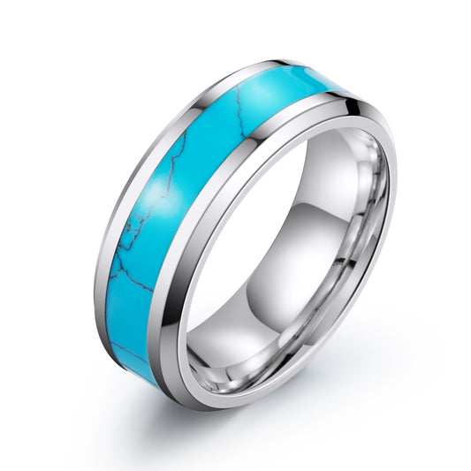 Vintage-Inspired Turquoise Inlaid Titanium Steel Ring for Men and Women – Trendy Everyday Fashion Jewelry