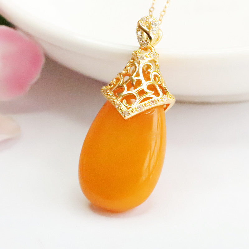 Golden Amber Beeswax Pendant Sterling Silver Necklace