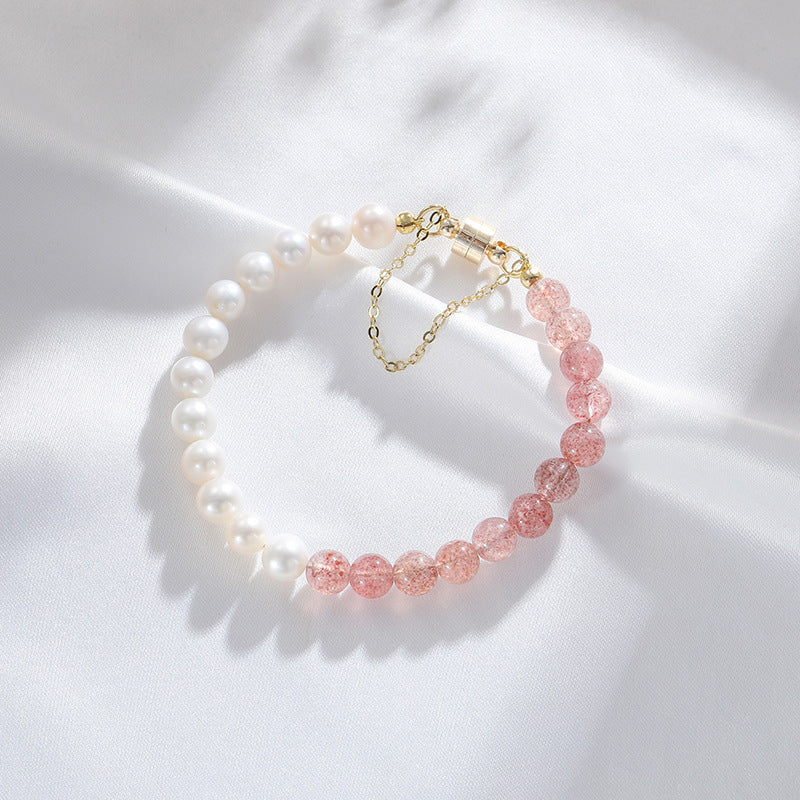 Symmetrical Design Crystal Pearl Bracelet with Natural Strawberry, Sterling Silver and Playful Sweet Style