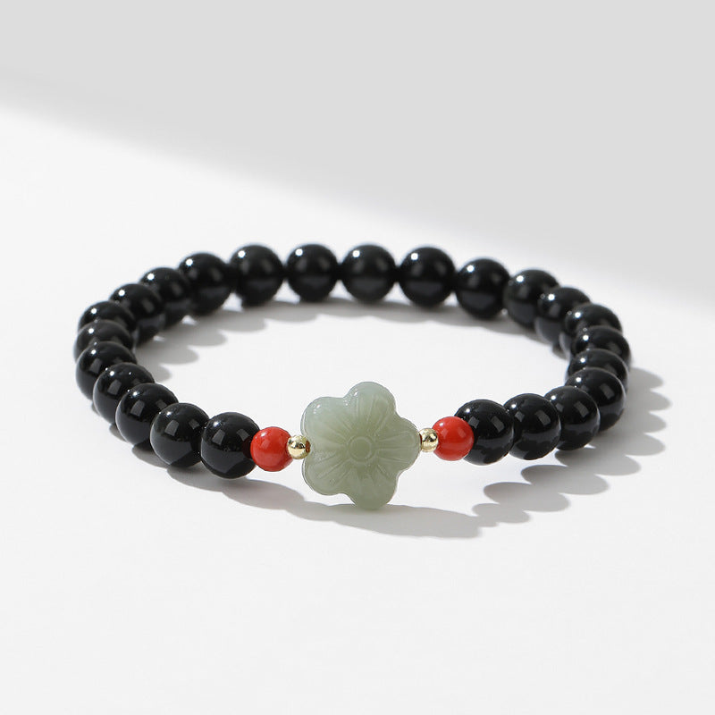 Obsidian Sakura Beaded Bracelet for Men and Women with Sterling Silver Details