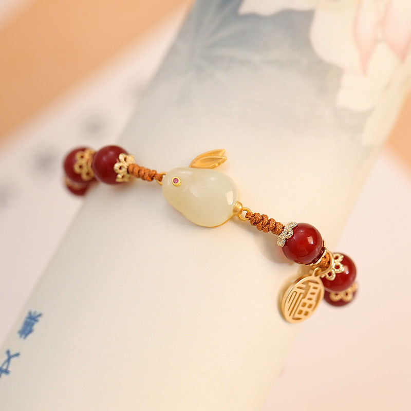 Chinese Retro Nephrite Jade and Red Agate Bracelet with Sterling Silver Detail