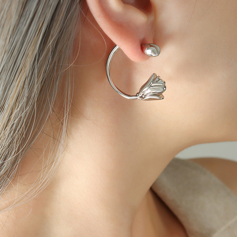 Copper Tulip Flower Geometric C-Shaped Earrings - Elegant Retro Style for Women