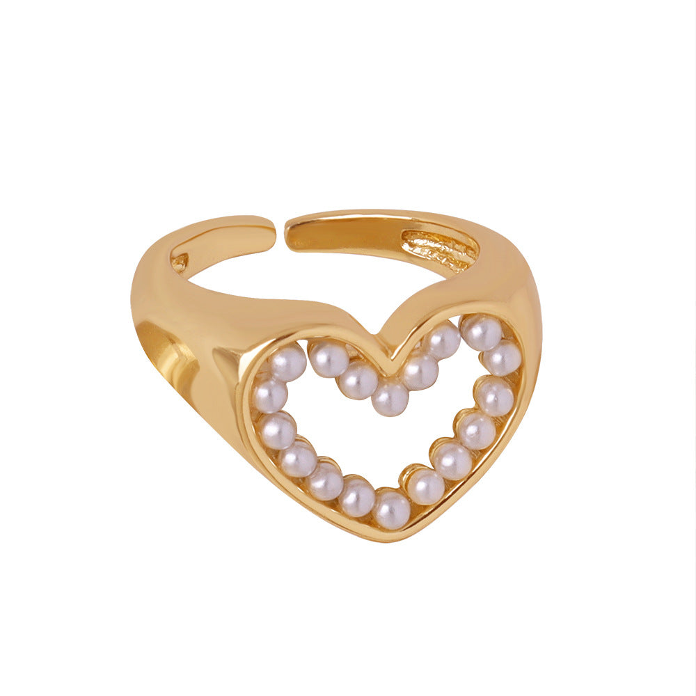 Heart-Shaped Imitation Pearl Hollow Ring - Luxe Copper Jewelry for Women