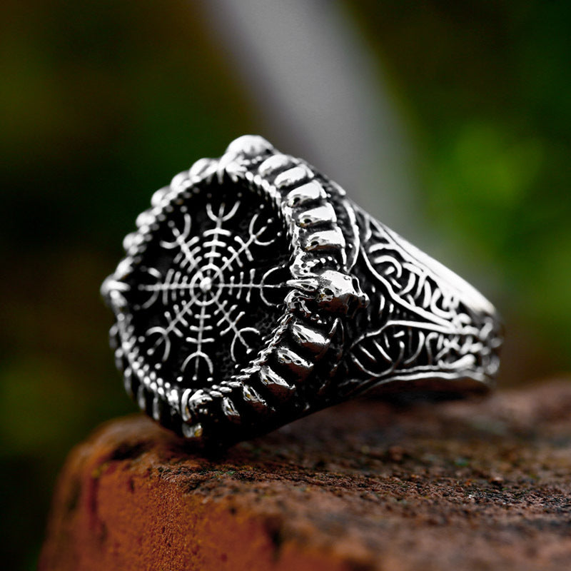 Nordic Viking-Inspired Stainless Steel Skull Ring with Compass for Men