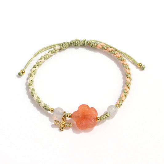 Exquisite South Red Agate Hand-Woven Bracelet with Peach Blossom Hand Rope