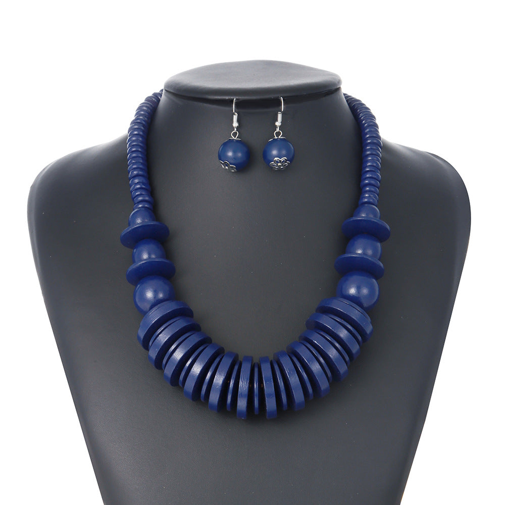 Geometric Black Wood Bead Necklace and Earrings Set - Savanna Rhythms Collection