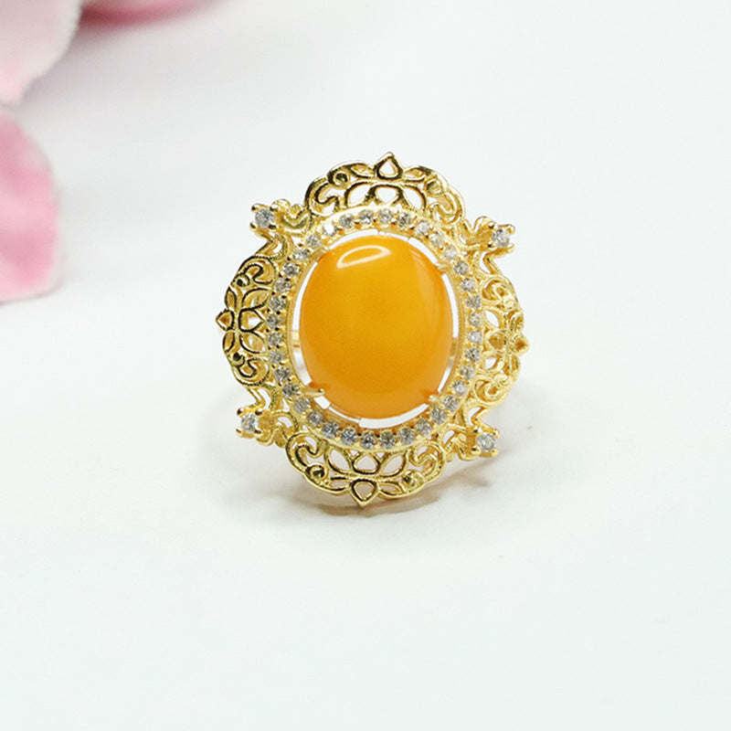 Sterling Silver Beeswax Amber Ring with Adjustable Hollow Palace Style - Retro Fortune's Favor Collection