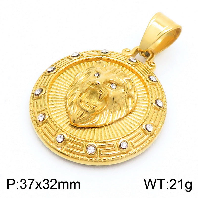 Customizable Guochao Urban Necklace, Trendy Titanium Steel Men's Zircon-Studded Disc Rune Lion Head Pendant