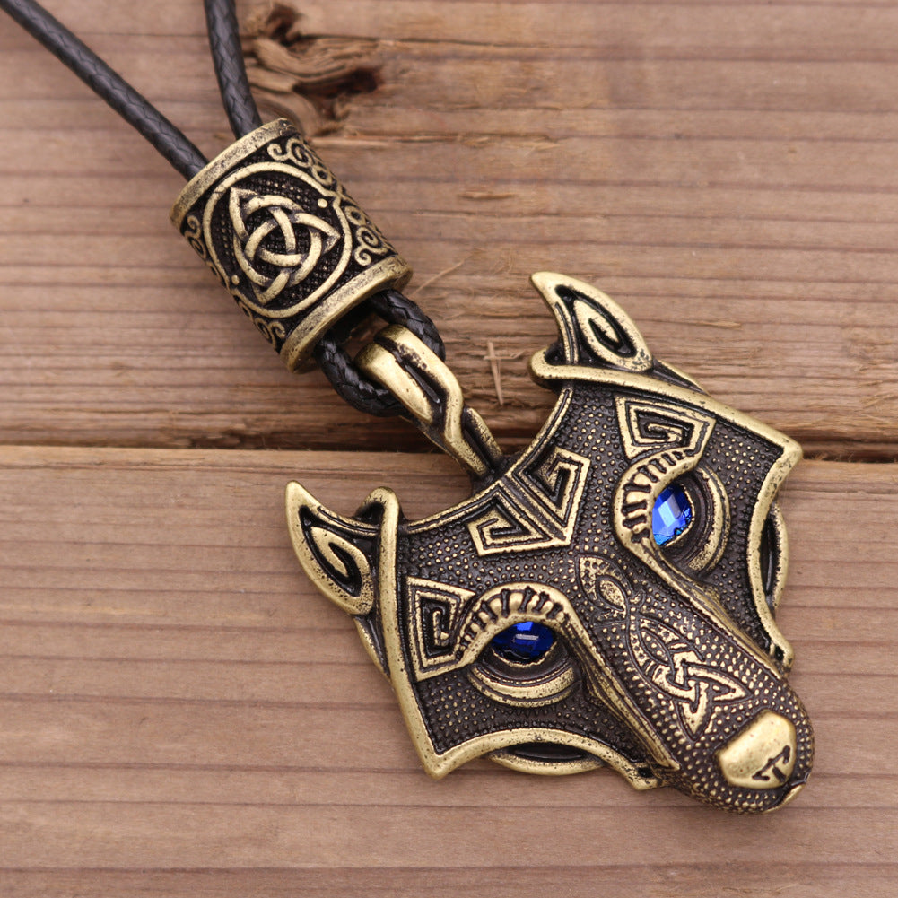 Viking Wolf Head Necklace with Celtic Knot Rune Beads for Men from Norse Legacy Collection