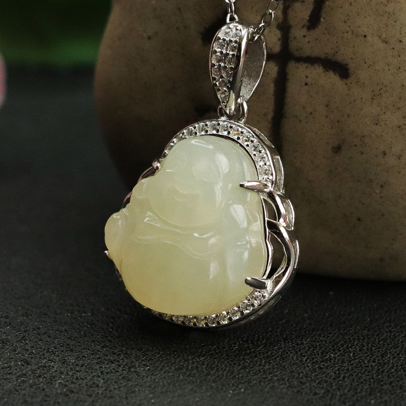 S925 Silver Natural Hetian Jade Pendant Buddha Zircon Necklace Jewelry