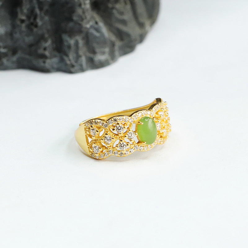 Zircon-Adorned S925 Silver Hollowed Hetian Jade Jasper Ring