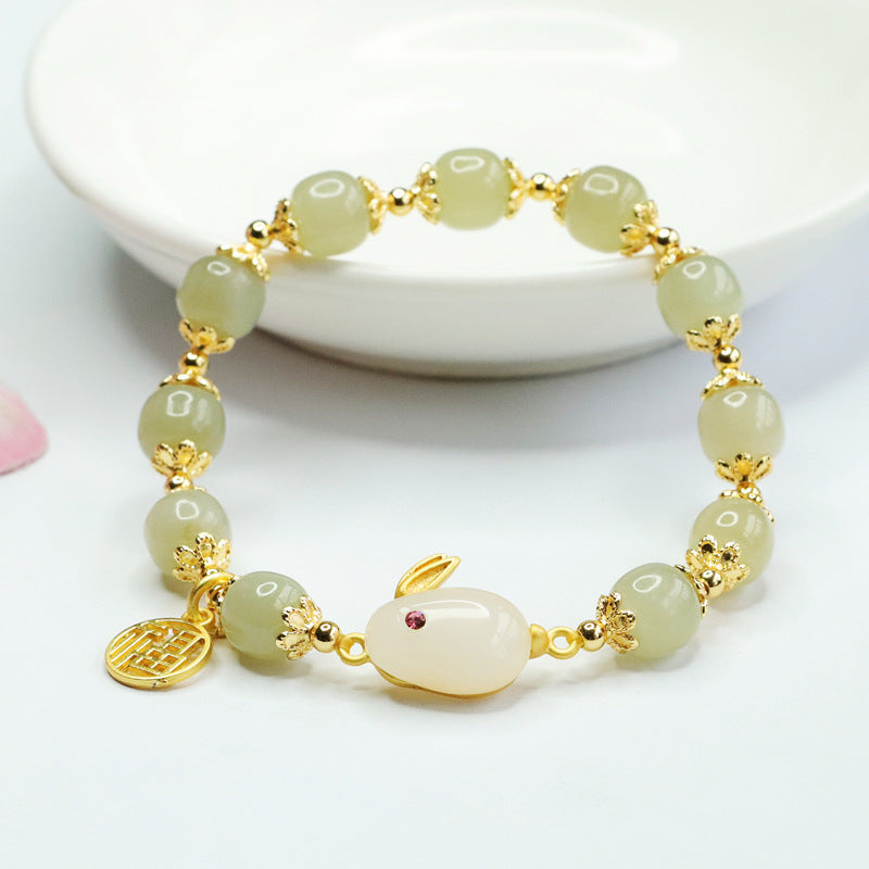 Fortune's Favor Sterling Silver Rabbit Fu Jade Bracelet