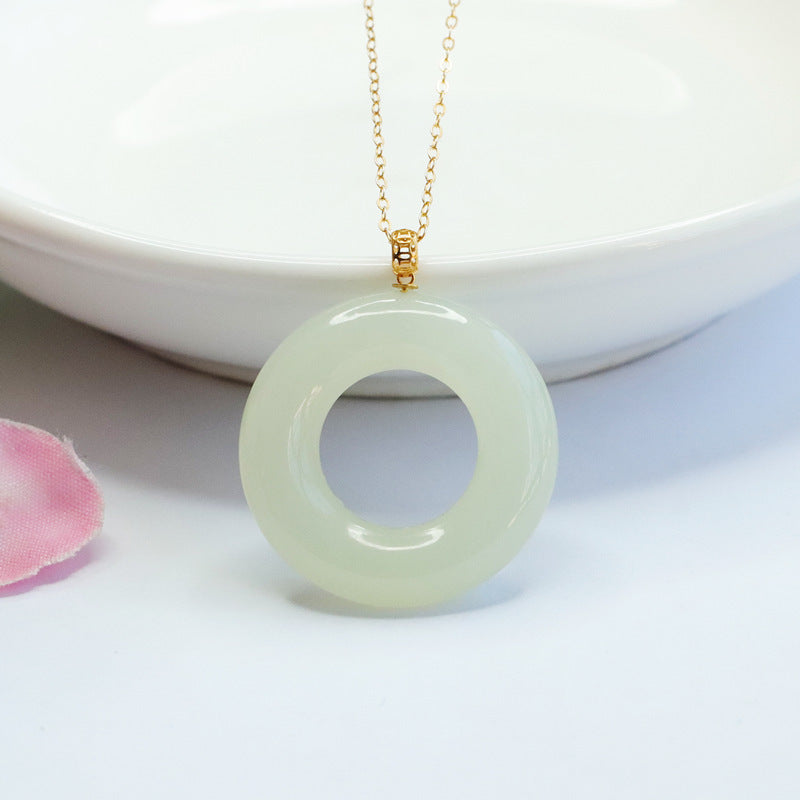 Hollow Circle White Jade Necklace with Sterling Silver Pendant