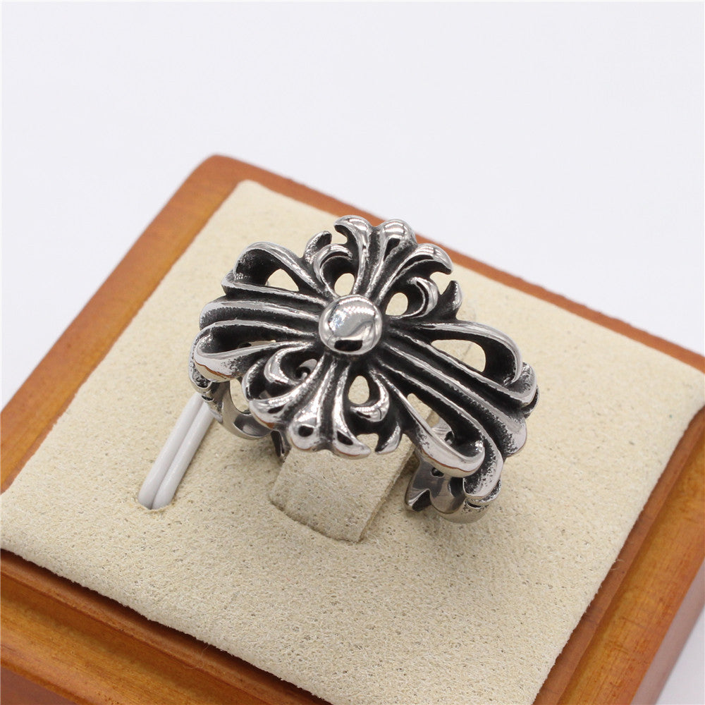 Hollow Cross Flower Opening Titanium Steel Ring for Men