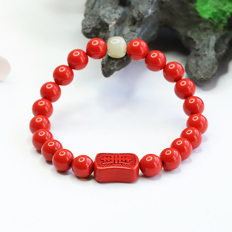 Cinnabar Red Sand Tai Sui Hand String Bracelet with Hotan Jade