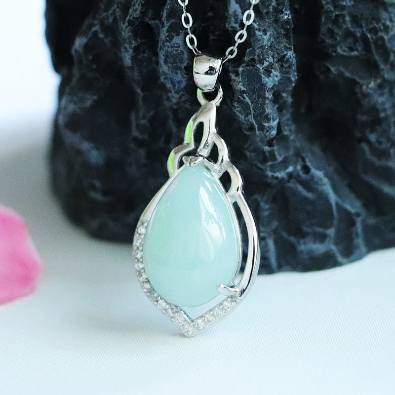 Sterling Silver Water Drop Jade Necklace with Zircon Accents