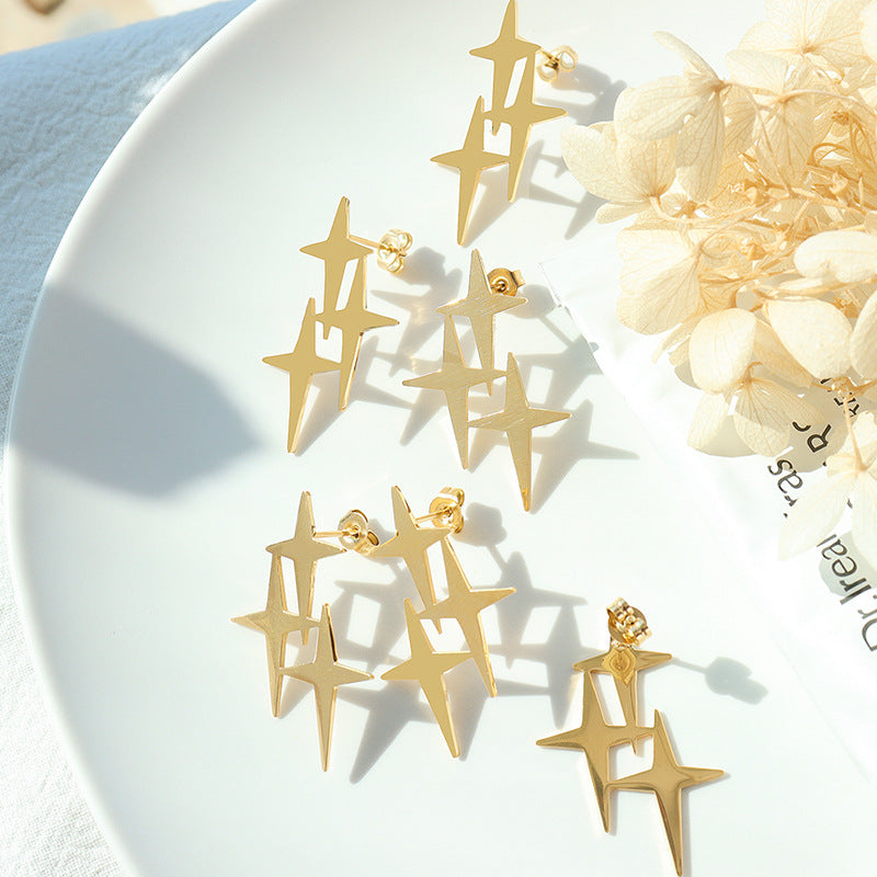 Exaggerated Personality Cross Star Earrings in Titanium & 18K Gold Plating