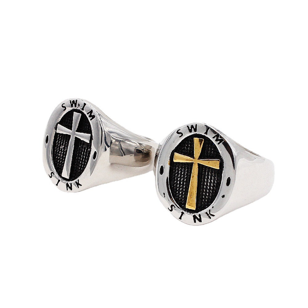 Latin Cross Oval Polished Titanium Steel Ring for Men