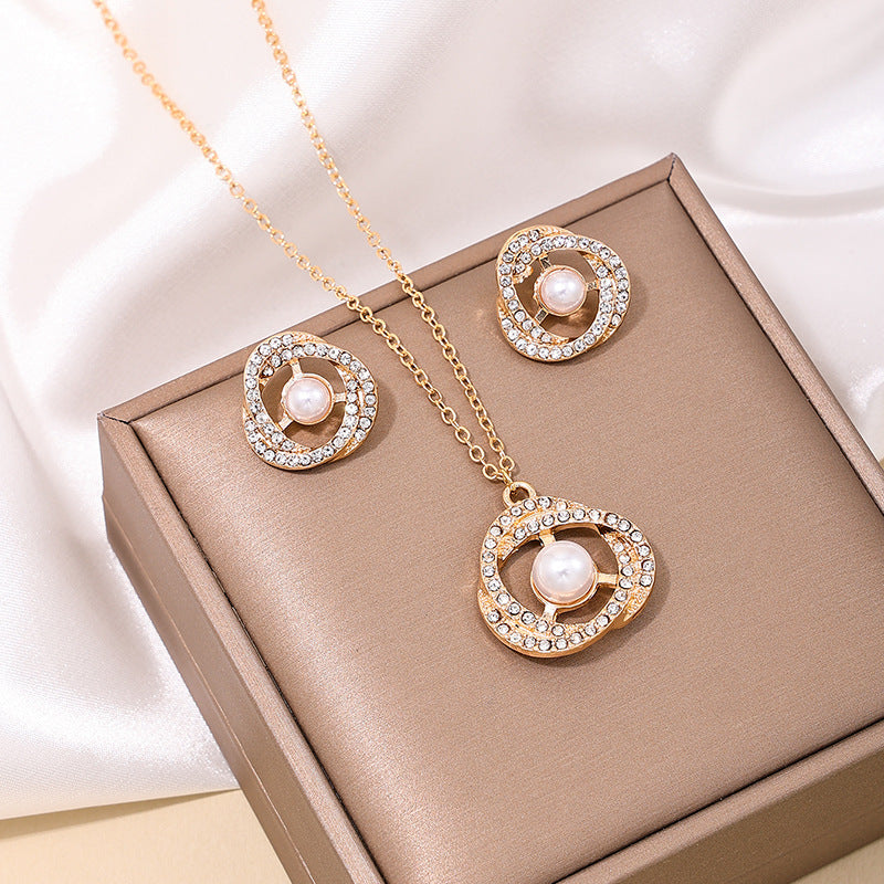 French Elegance Pearl Pendant Jewelry Set with Zircon Metal Ring - Vienna Verve Collection