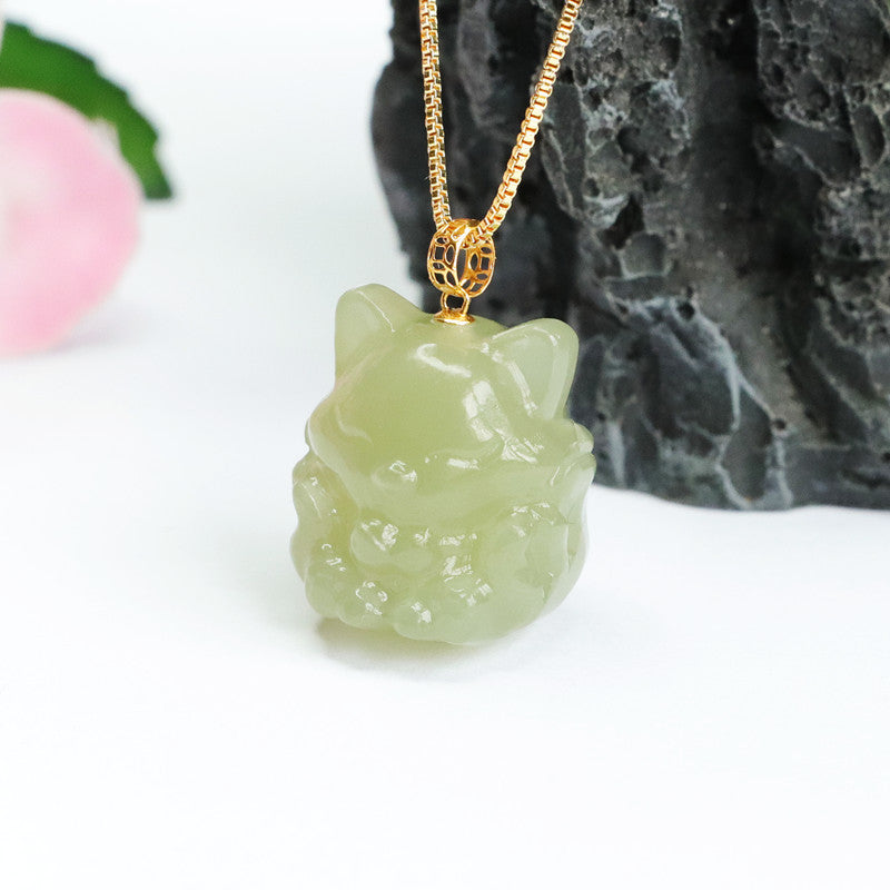 Nine Tailed Fox Necklace Crafted with Natural Hotan Jade