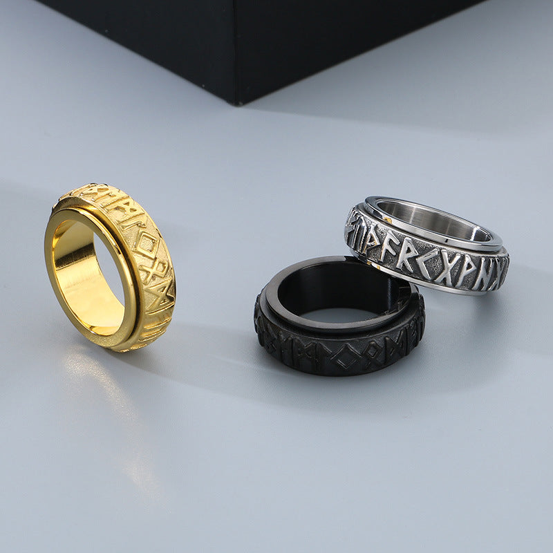 Customizable Stainless Steel Punk Viking Text Rotating Ring for Men