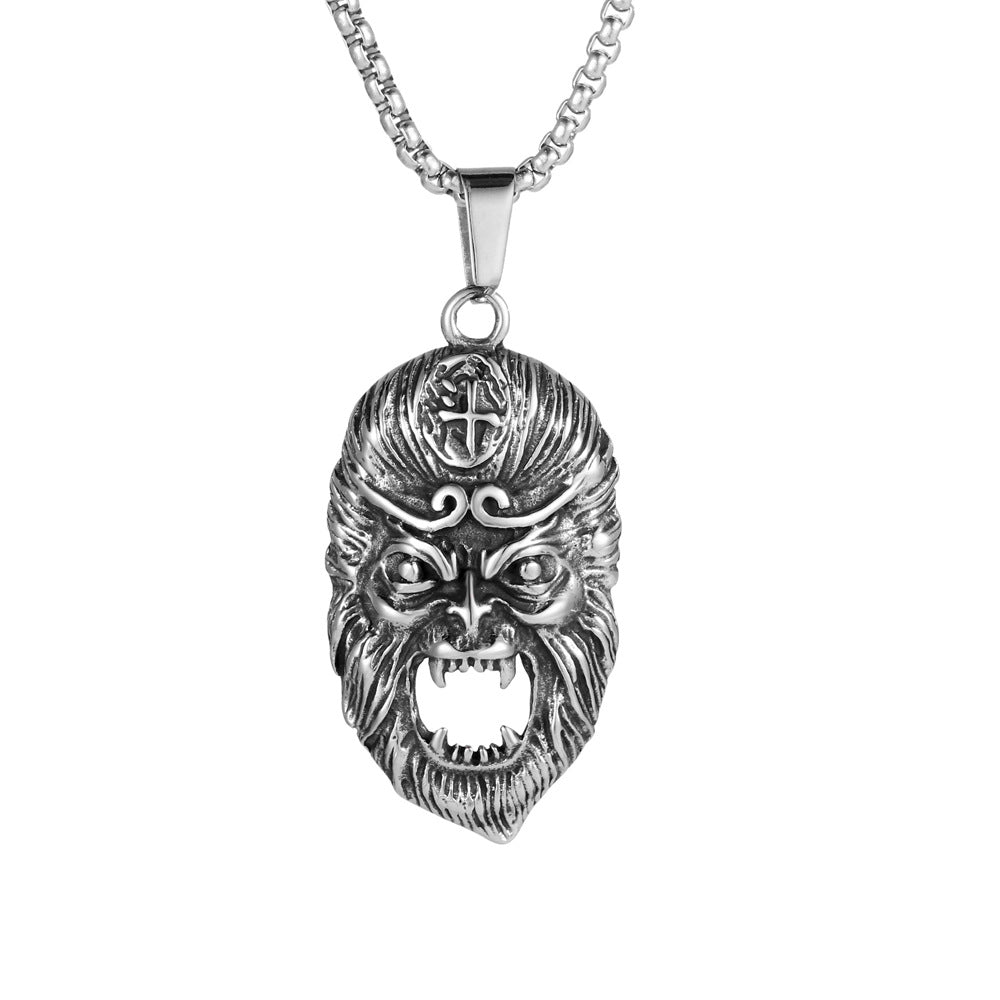 Personalized Titanium Steel Sun Wukong Pendant Necklace for Men - Retro Buddha Mask Design