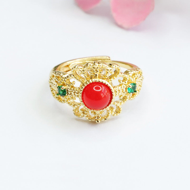 Regal Red Agate and Green Chalcedony Crown Ring in Sterling Silver