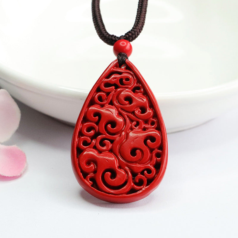 Red Sand Carving Sterling Silver Cinnabar Pendant with Auspicious Cloud and Water Drop