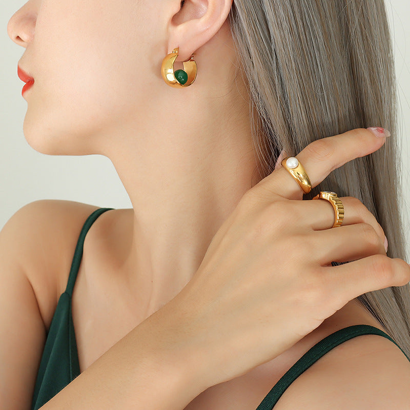 Elegant Green U-Shaped Earrings - Titanium Steel with 18K Gold Plating