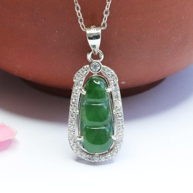 Green Jade Bean Pendant Necklace in Sterling Silver