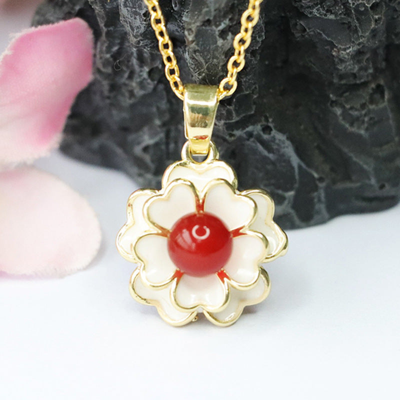 Blood Red Agate Camellia Pendant Necklace