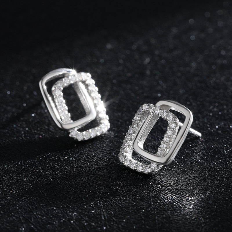 Trendy Three-Dimensional Sterling Silver Earrings with Zircon Gem