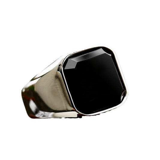 Vintage-Inspired Men's Titanium Steel Ring with Black Agate Inlay – Wholesale Cross-Border Foreign Trade