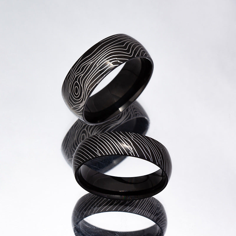 Titanium Steel Ring with Damascus Steel Design - Men's Spherical Ring