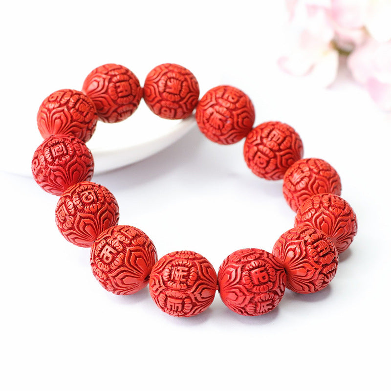 Retro Men's Cinnabar Stone Bead Bracelet with Sterling Silver Accents