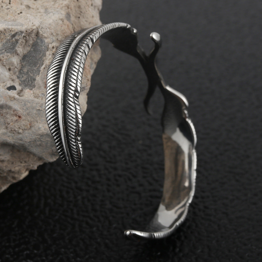 Men's Fashion Titanium Steel Woven Cuff Bracelet with Animal Feather Design