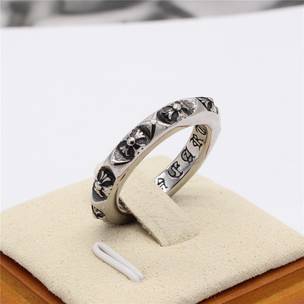 Row of Cross Flower Relief Titanium Steel Ring for Men