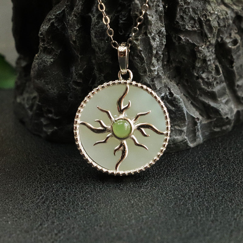 S925 Silver Natural Hotan Jade Pendant Round Pendant Sun Necklace Jewelry