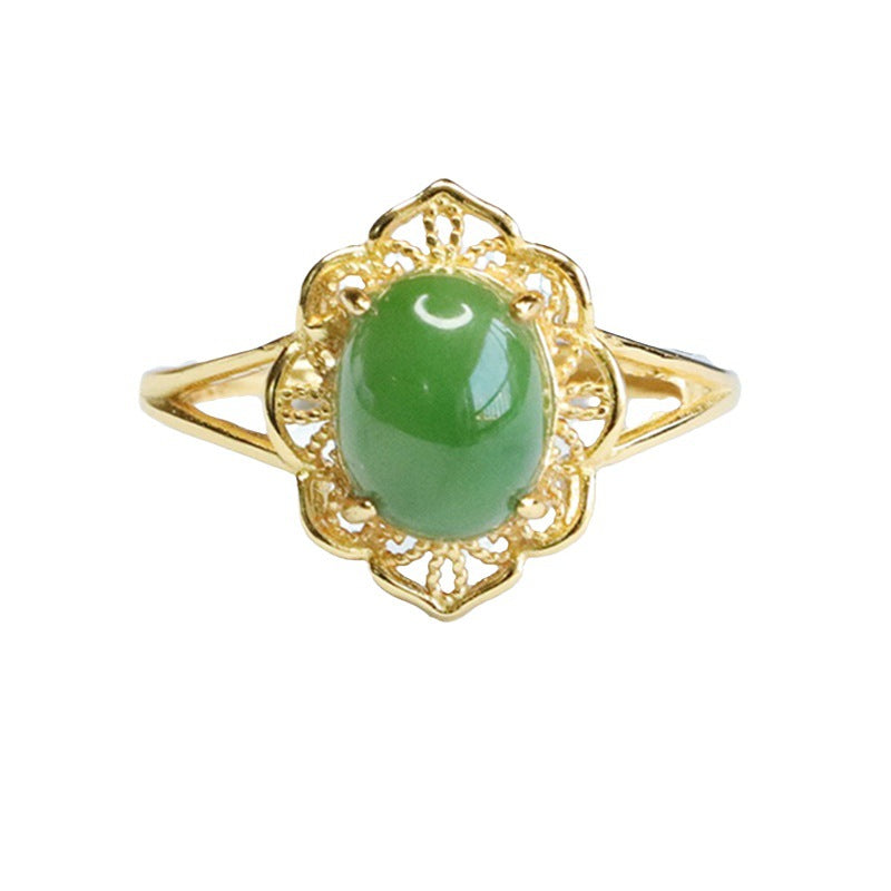 Fortune's Favor S925 Silver Hotan Jade Jasper Hollow Flower Split Shank Ring