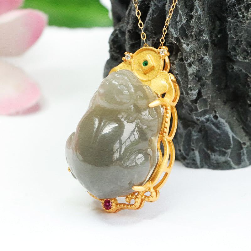 S925 Silver Natural Hotan Jade Pendant, Smoke Purple Pixiu Necklace Jewelry