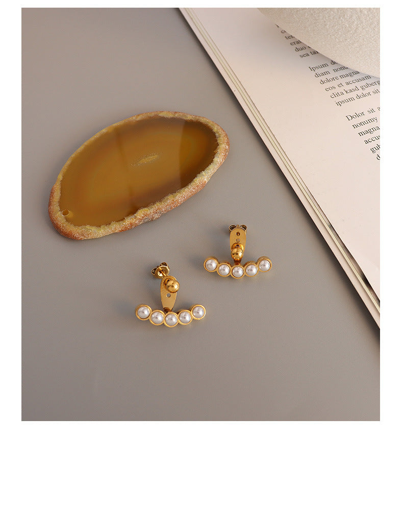 Golden French Elegance Imitation Pearl Earrings with Titanium Steel Plating