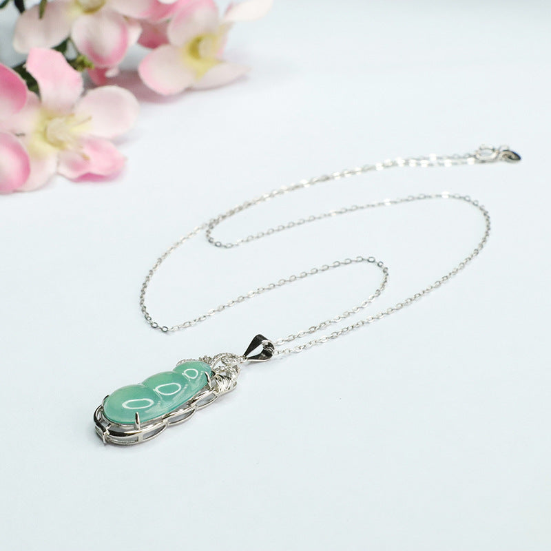 Green Bean Hollow Zircon Necklace with Ice Blue Green Jade in S925 Silver