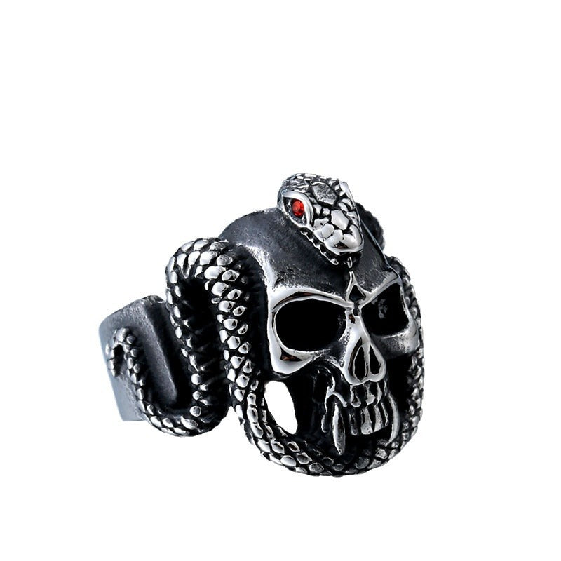 Retro Titanium Steel Python Skull Ring with Sparkling Zircon Accents for Men