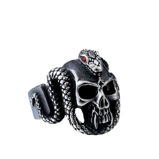 Retro Titanium Steel Python Skull Ring with Sparkling Zircon Accents for Men