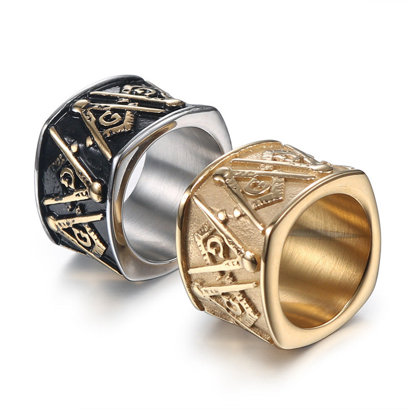 Retro Freemason Logo Titanium Steel Men's Ring - Stylish Gold Stainless Steel Jewelry for Wholesale