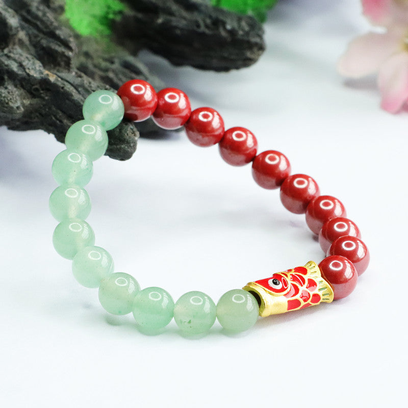 Emperor Cinnabar and Green Aventurine Jade Bracelet with Koi Fish Symbol