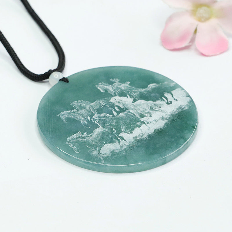 Jade Horse Zodiac Pendant with Eight Horses Carving in Blue Green Shadow