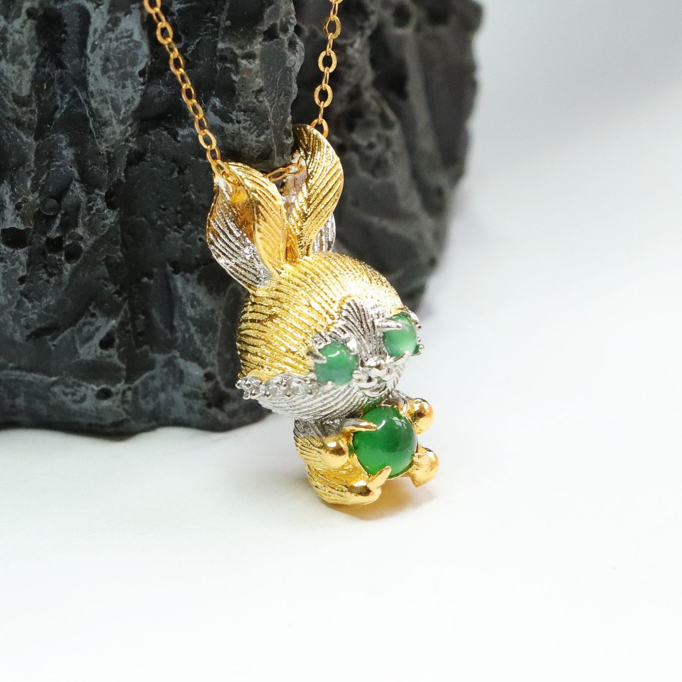 Jade Beaded Two Tone Rabbit Necklace with Sterling Silver